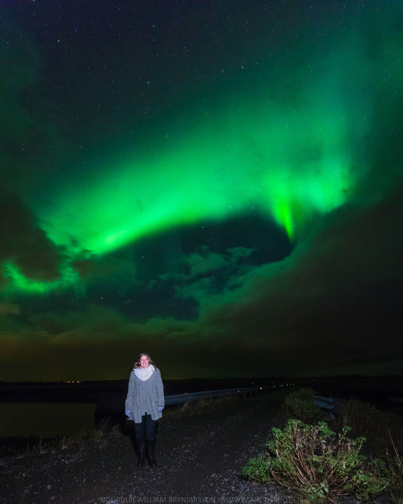 Tammy Horvath in front of the northern lights—photo taken by Siggi.