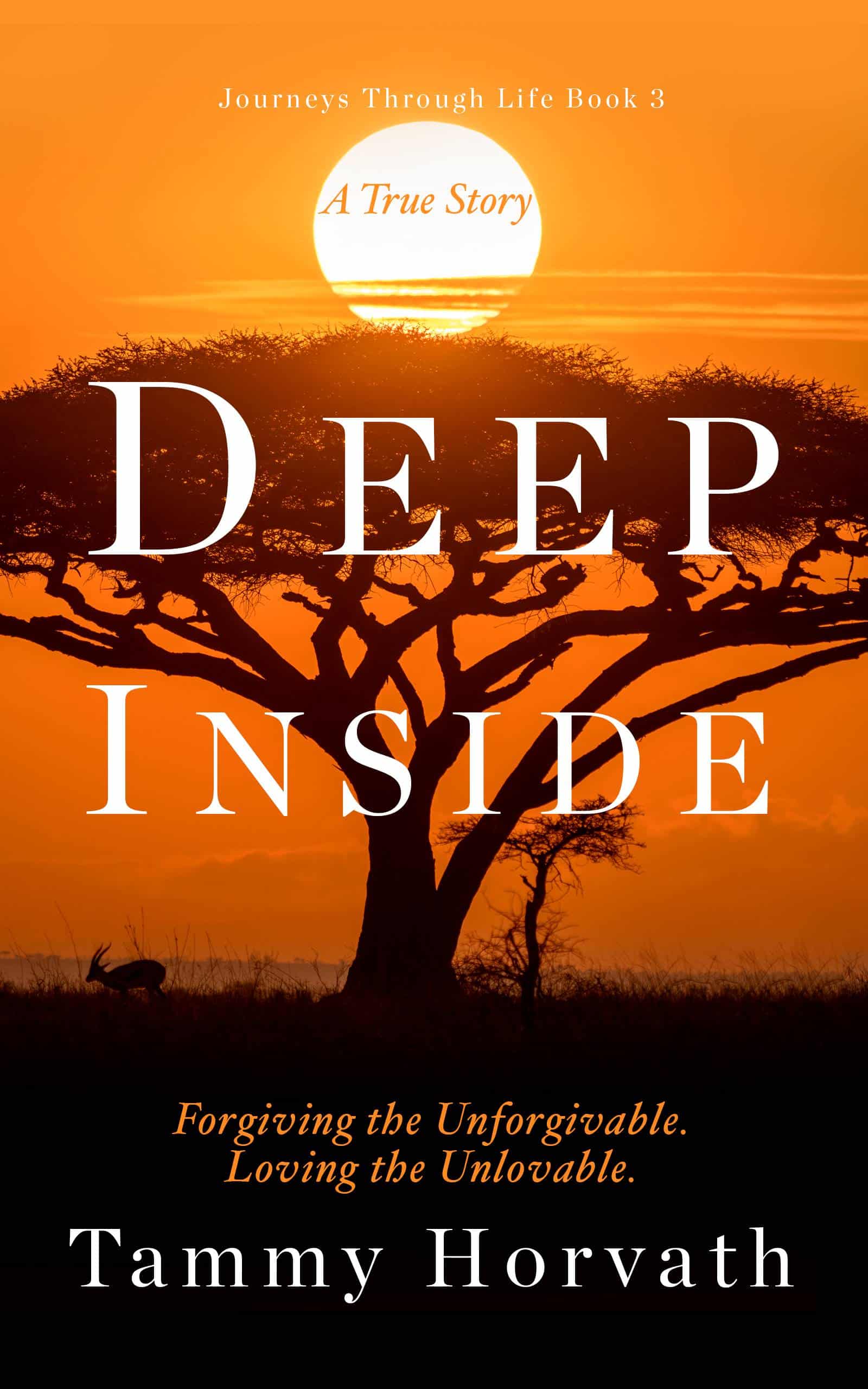 Acacia tree with orange sunset book cover for Deep Inside by Tammy Horvath